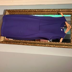 Royal blue dress with gold zipper down the back. Falls just below the knee.